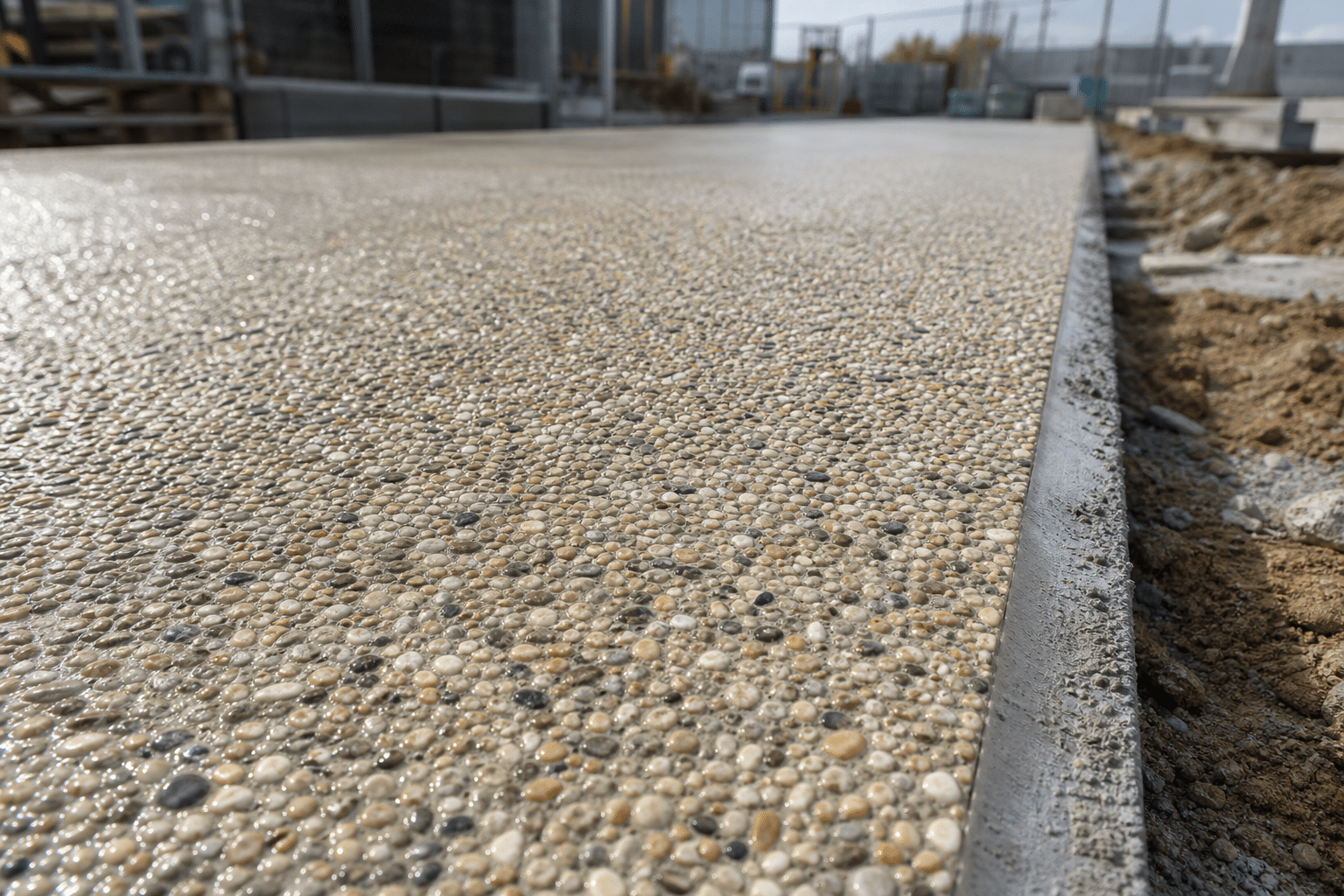 Béton désactivé beige et gris avec granulats apparents pour une terrasse ou une allée extérieure