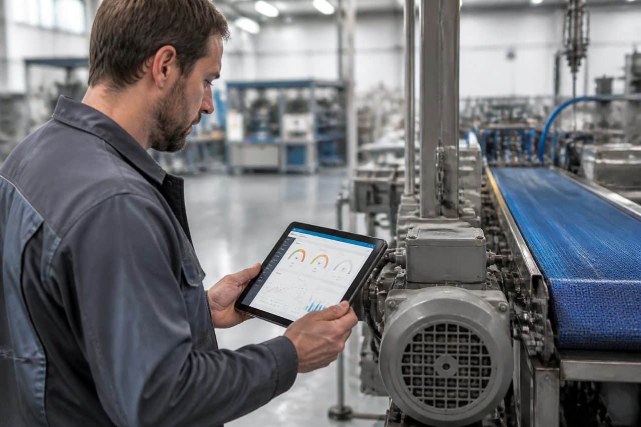 Technicien de maintenance consultant les indicateurs d'une ligne de production sur une tablette